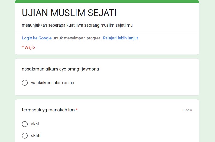 Link Tes Ujian Muslim Sejati Docs Google Form Terbaru, Cek Seberapa Muslim Kamu!