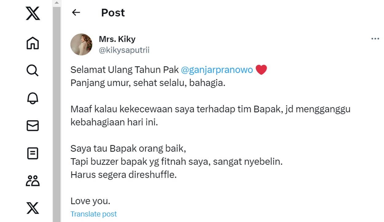 Ganjar Pranowo Ulang Tahun, Kiky Saputri Ucapkan Selamat: Tapi Buzzer Bapak Fitnah Saya, Sangat Nyebelin!