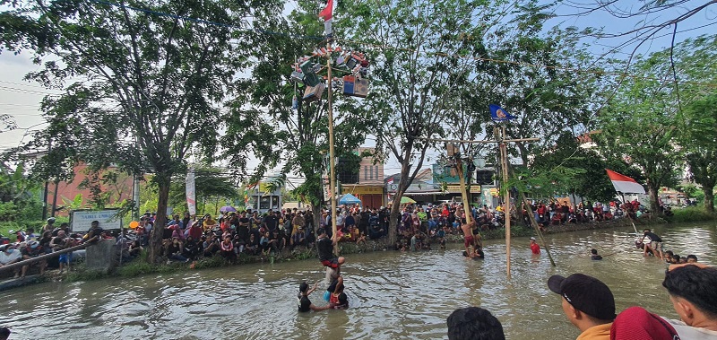 Meriah, Lomba Panjat Pinang di Aliran Kali Bekasi Sedot Animo Warga