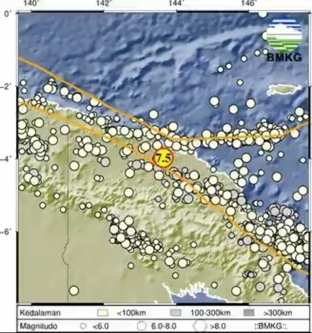 Papua Diguncang Gempa 7.5 Magnitudo Berlokasi di Darat