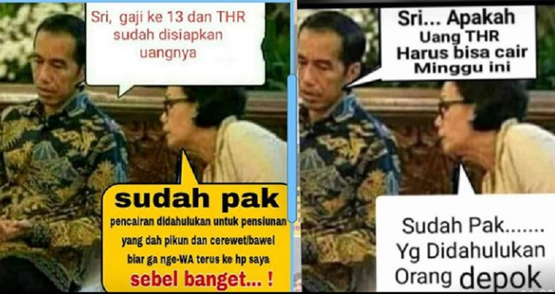 Lucu! Meme Sri Mulyani dengan Jokowi Bahas THR 