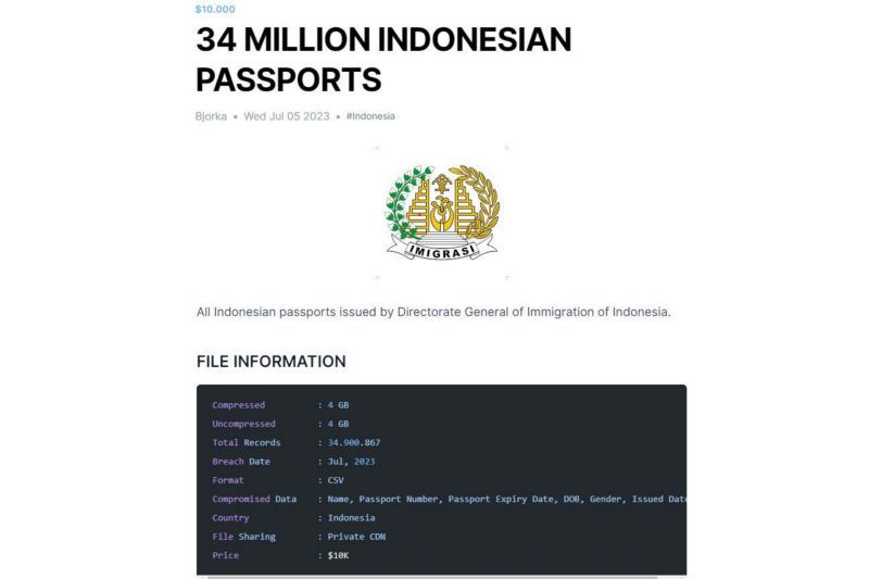 34,9 Juta Data Paspor Indonesia Bocor dan Dijual di Dunia Maya 