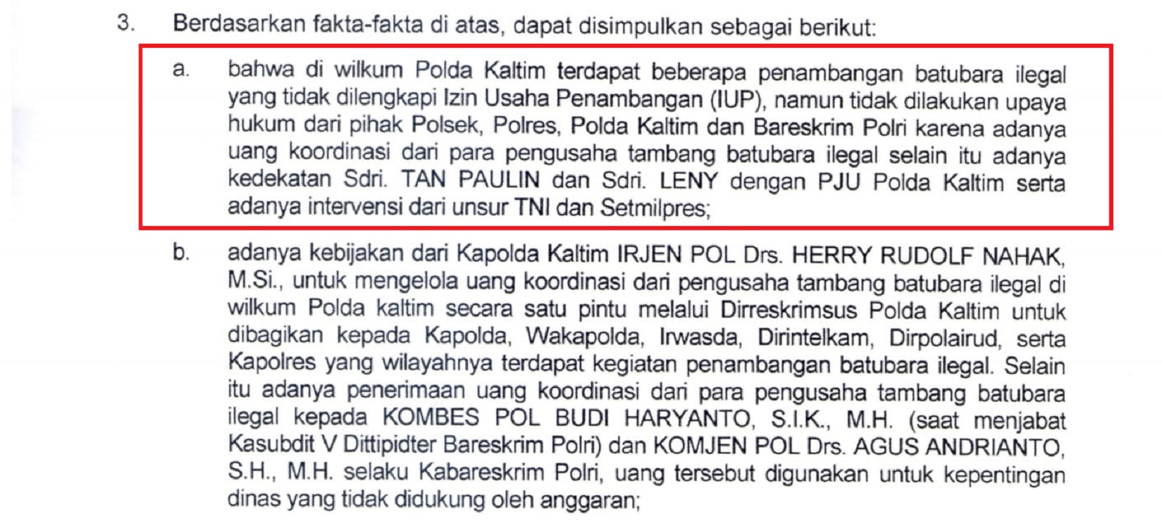 Beredar Isi Surat Divpropam 3: Tan Paulin - Leny Dekat dengan PJU Polda Kaltim, TNI dan Setmilpres Intervensi