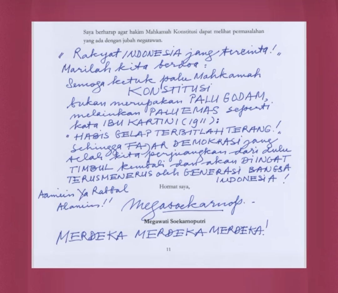 Penampakan Surat Amicus Curiae Megawati dengan Tulisan Tangan: Semoga Ketukan Palu MK... 