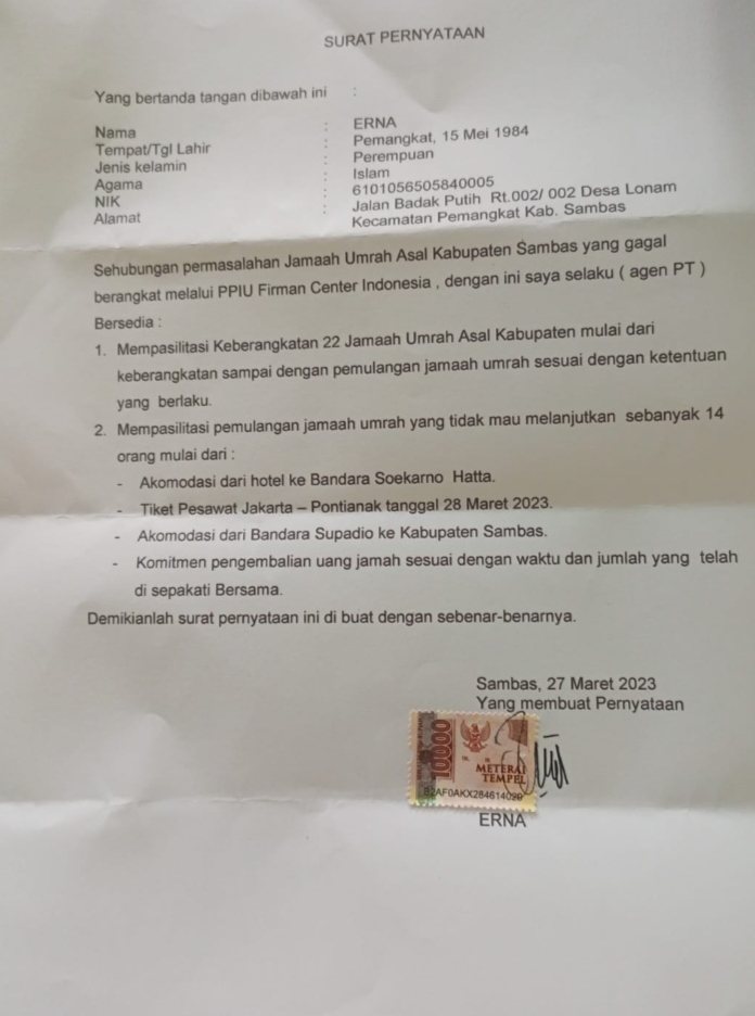 Surat Pernyataan Erna Terkait Jemaah Umrah Asal Kalimantan yang Terdampar di Kota Bekasi