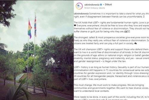 Kibarkan Bendera LGBT, Kedubes Inggris: Hapus Kriminalisasi Hubungan Seks Sesama Jenis 