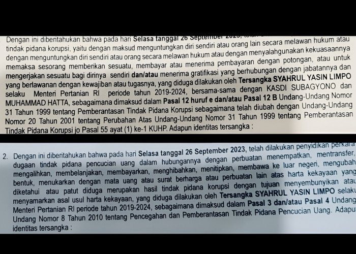 Bocor! Beredar 2 Surat Status Tersangka SYL: Bersama Kasdi Subagyono dan Muhammad Hatta Hingga Pencucian Uang